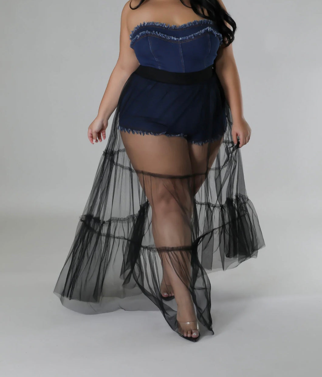 Denim Romper with Tulle Skirt