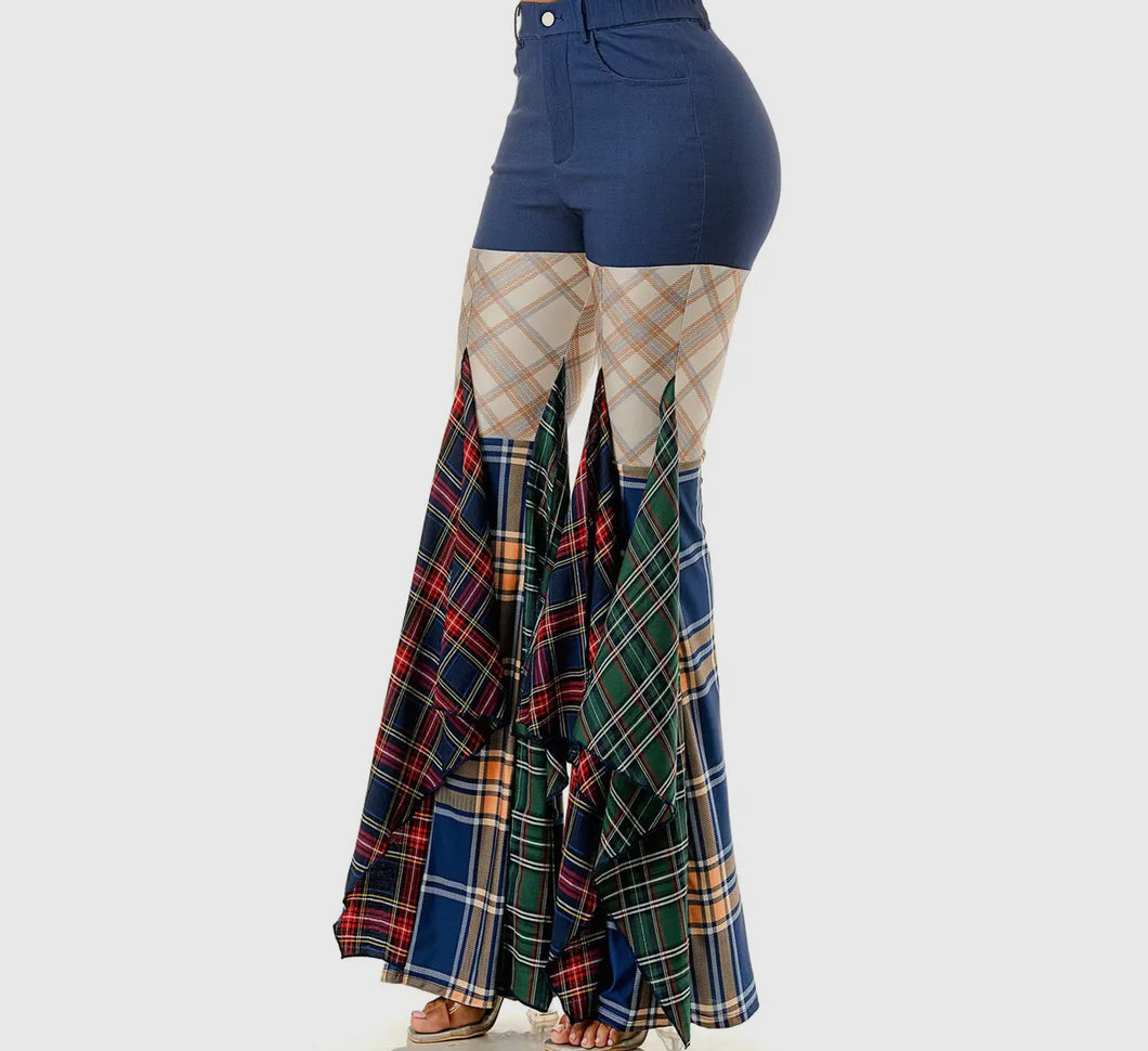 Plaid Bell Bottom Denim Pants