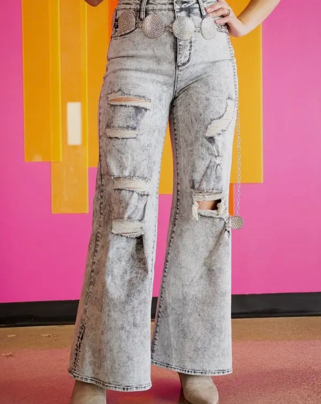 Acid Wash Wide Leg Distressed Jeans