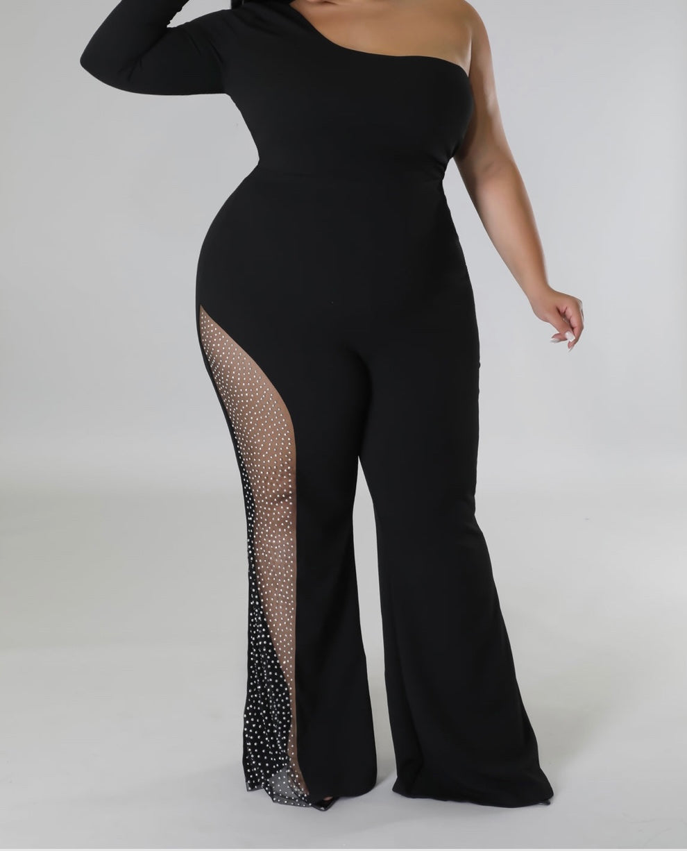 Black Rhinestone Mesh Jumpsuit